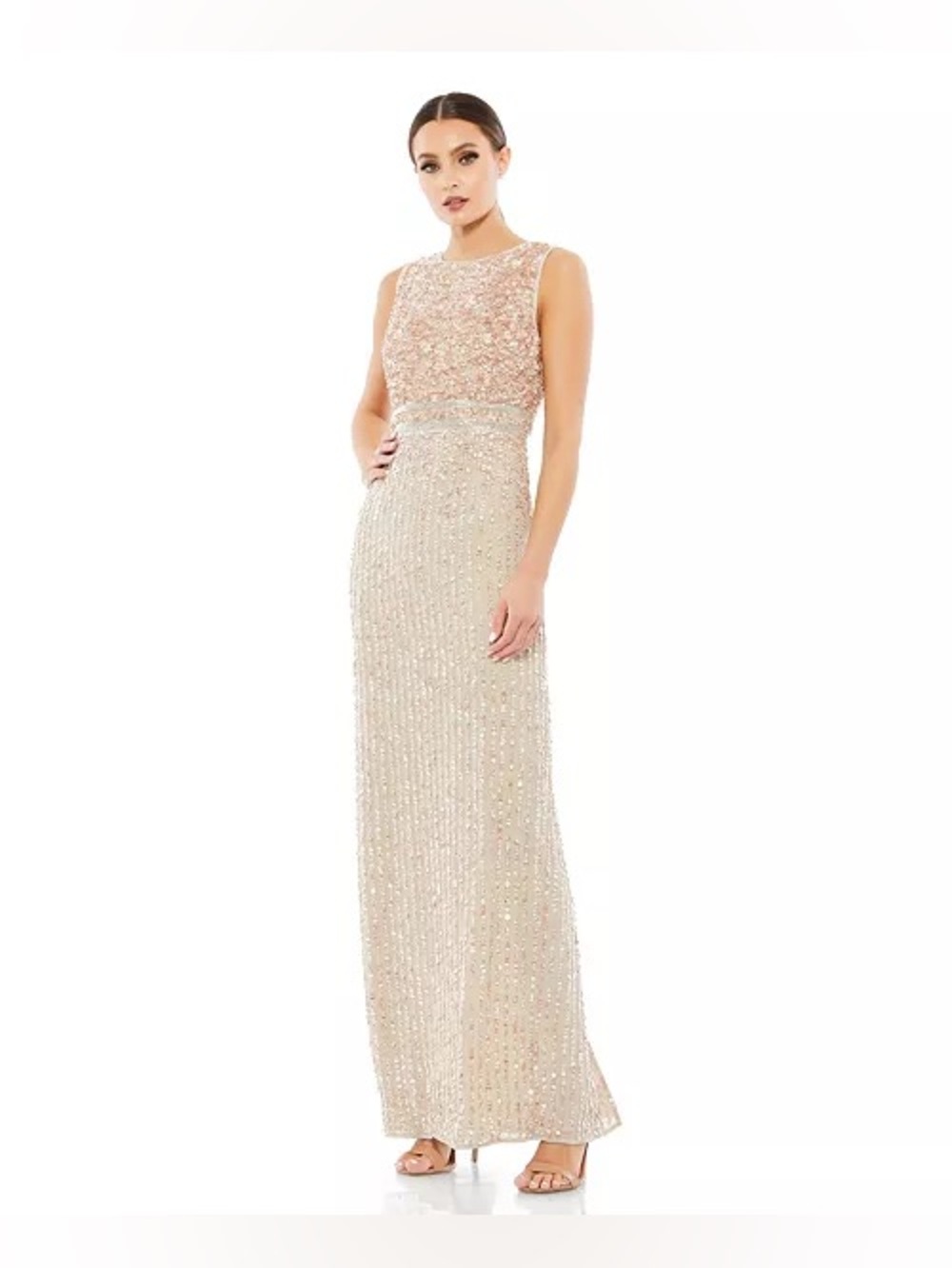 Mac Duggal Sequined High Neck Sleeveless Column Maxi Gown in Nude, size 2